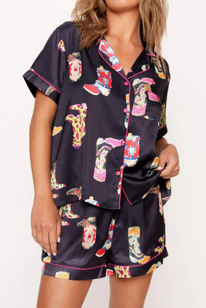 Western Boots Printed Short Pajama Set | Black