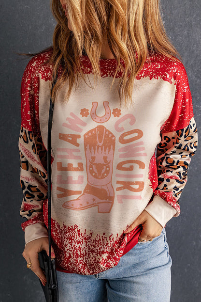 Yeehaw Cowgirl Graphic Bleached Scatter Leopard Sleeve Sweatshirt | Red