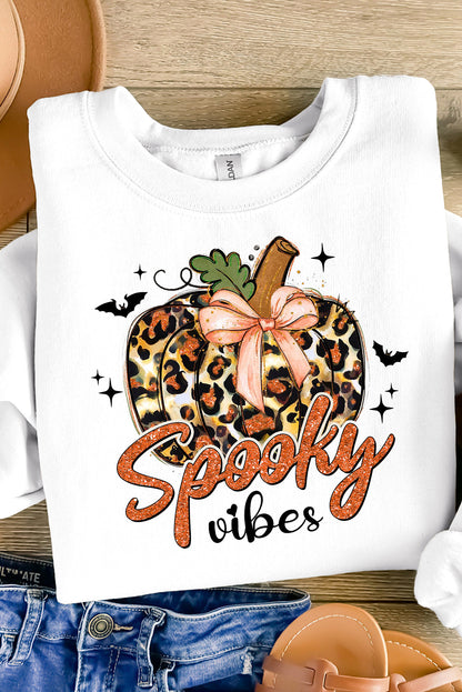 Spooky Leopard Pumpkin Print Crew Neck Sweatshirt | Beige