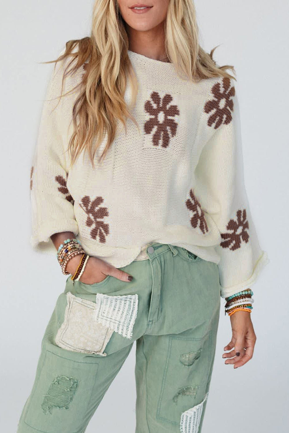 Colourblock Floral Pattern Round Neck Sweater | White