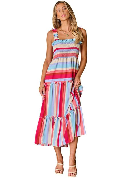 Ruffled Straps Smocked Tiered Long Dress | Red Stripe