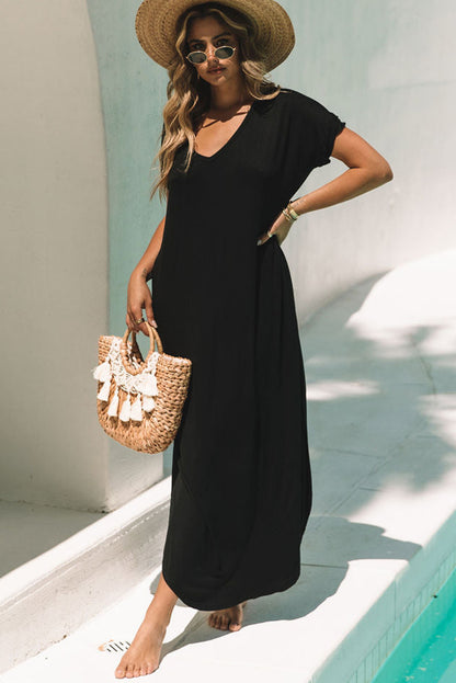 V Neck Hidden Pocket Splits Maxi T-Shirt Dress | Black