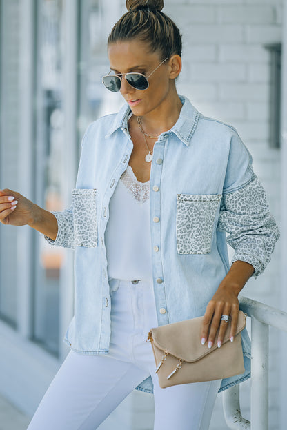 Contrast Leopard Denim Jacket | Sky Blue