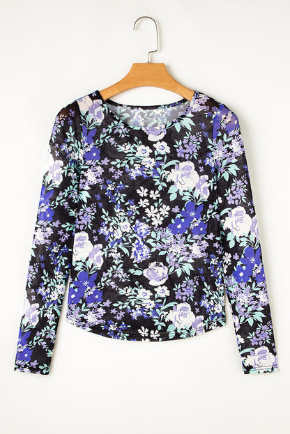 Floral Print Mesh Fitted Long Sleeve Top | Black