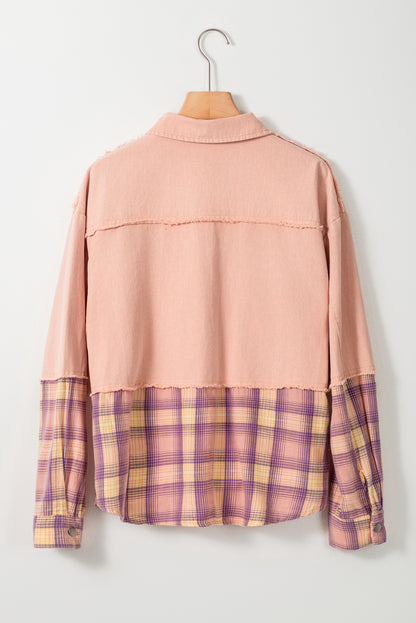 Frayed Patchwork Plaid Contrast Jacket | Pink