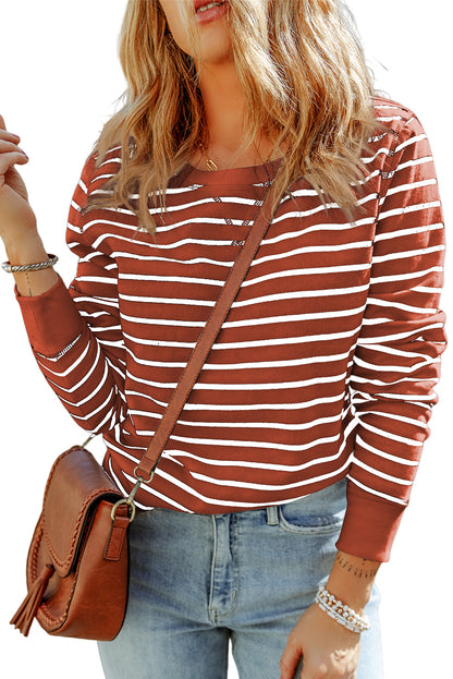 Striped Print Ribbed Trim Long Sleeve Top | Red