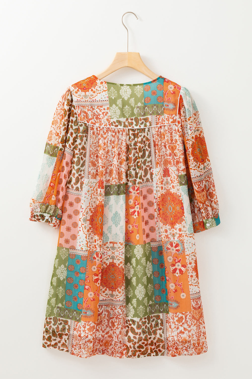 Boho Paisley Mixed Print 3/4 Sleeve Chiffon Loose Dress | Orange