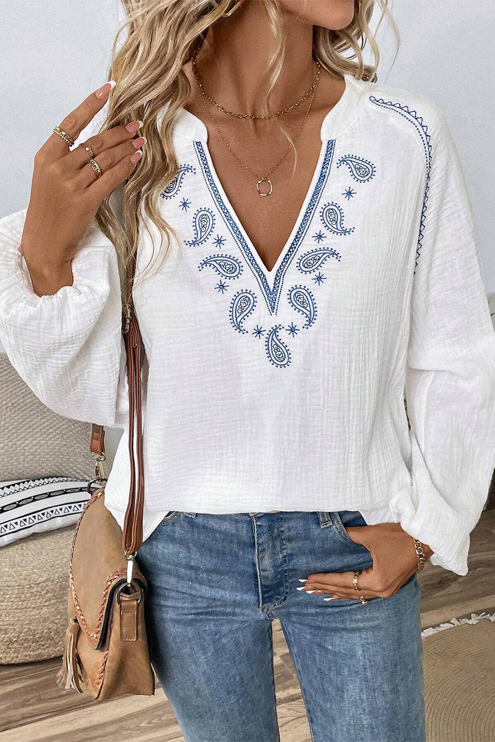 Paisley Embroidered Textured Split Neck Long Puff Sleeve Blouse | White