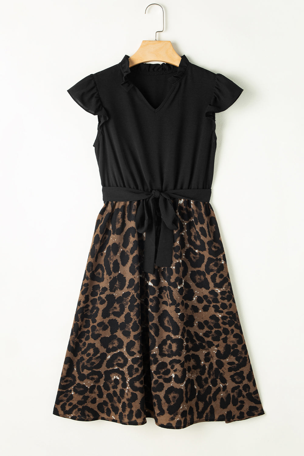 Flutter Sleeve Bodice Splicing Leopard Print Dress | Black