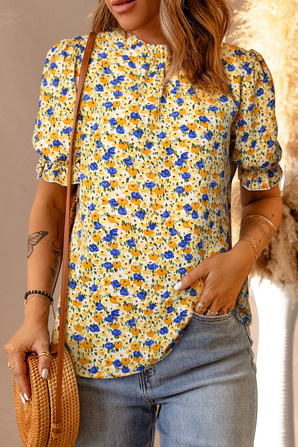 Boho Floral Ruffle Short Sleeve Frill Mock Neck Blouse | Yellow