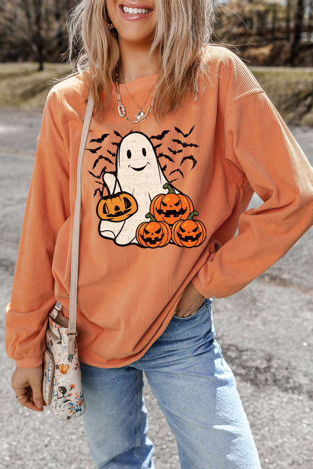 Halloween Ghost Pumpkin Bat Print Corded Pullover Sweatshirt | Orange