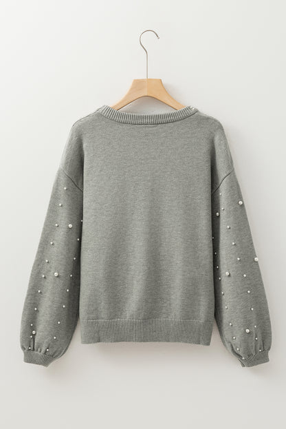 Pearled Drop Shoulder Round Neck Sweater | Light Grey