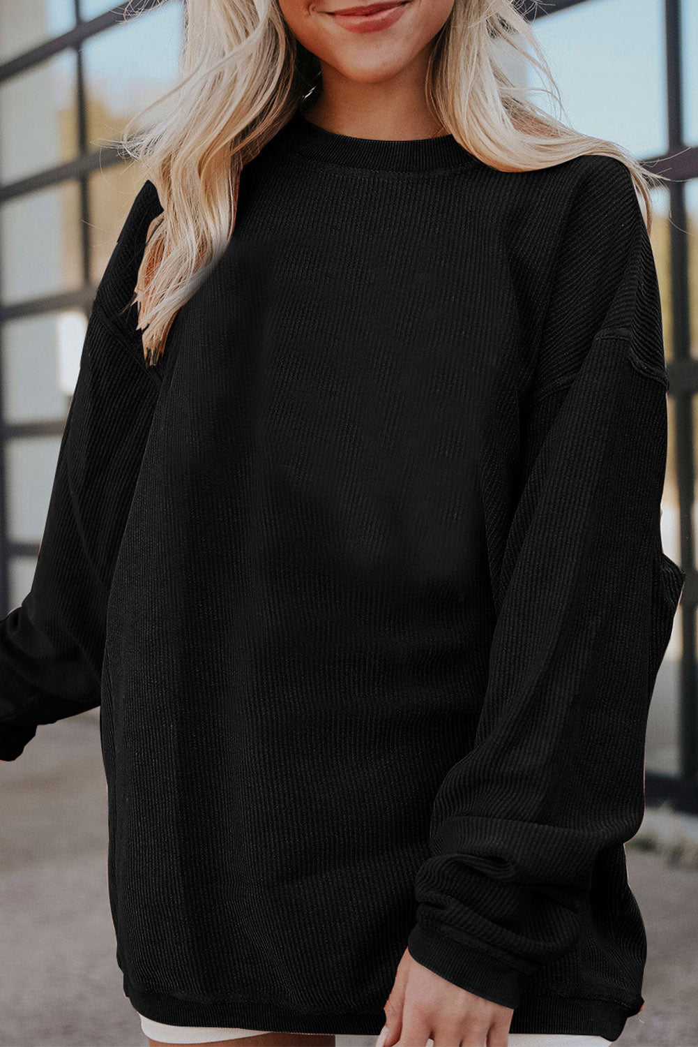 Black Ribbed Corduroy Oversized Sweatshirt