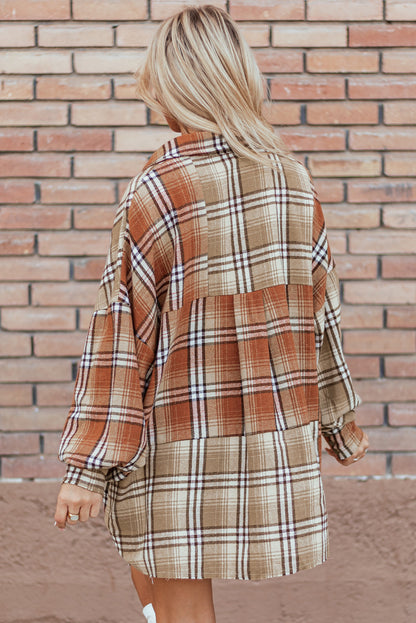 Plaid Colourblock Patchwork High Low Shacket | Khaki