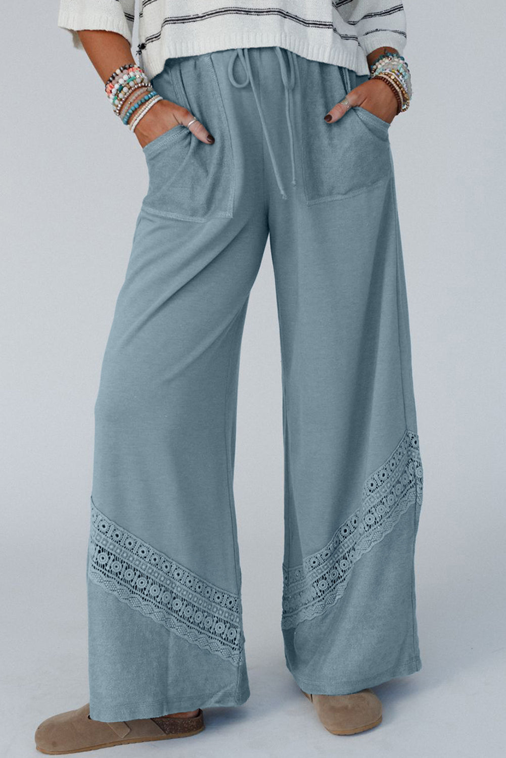 Lace Crochet Patched Lace-Up High Waist Wide Leg Pants | Dusk Blue