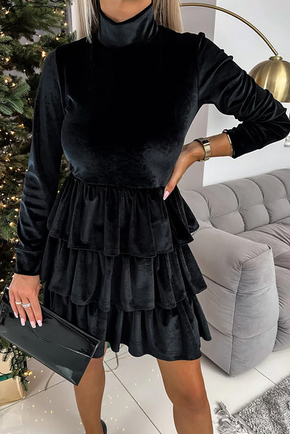 Velvet High Neck Tiered Ruffle Mini Dress | Black