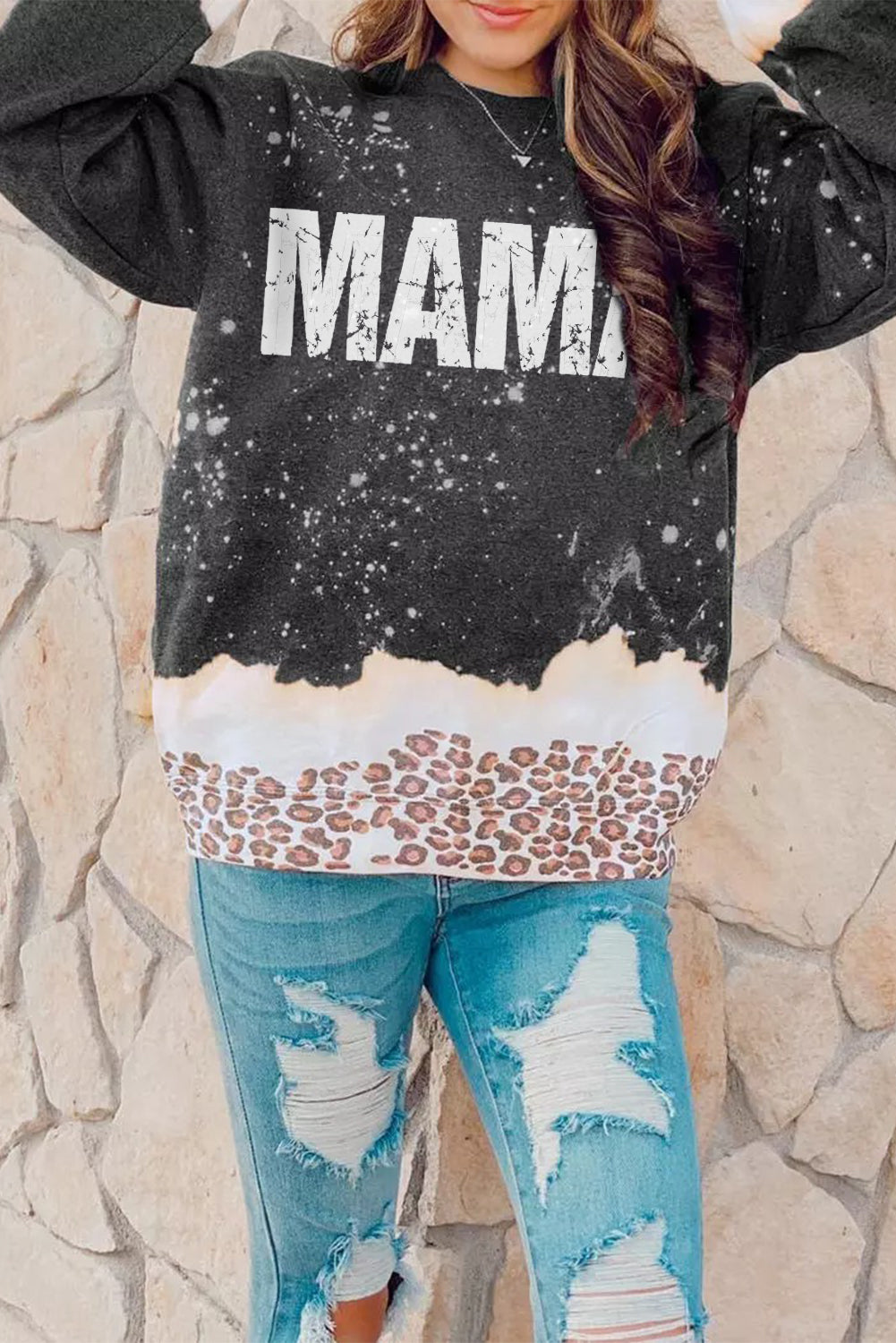 Mama Bleached Leopard Trim Pullover Sweatshirt | Black