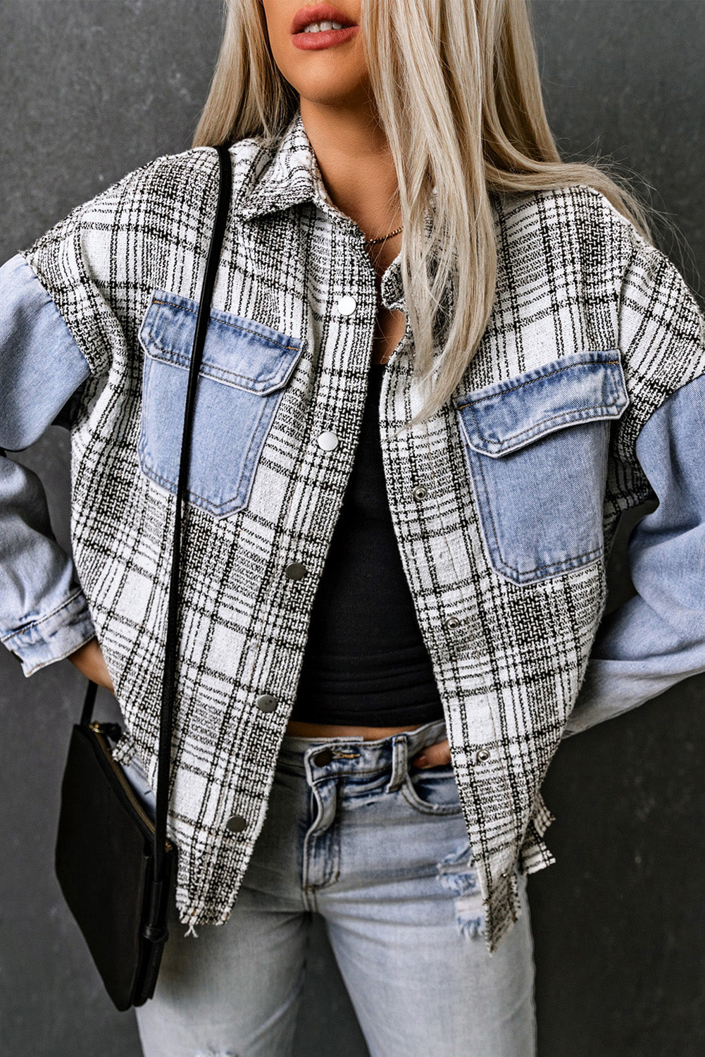 Plaid Patchwork Fringed Flap Pockets Denim Jacket | Sky Blue