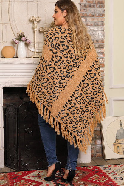 Plus Size Tasseled Hem Draped Poncho | Leopard