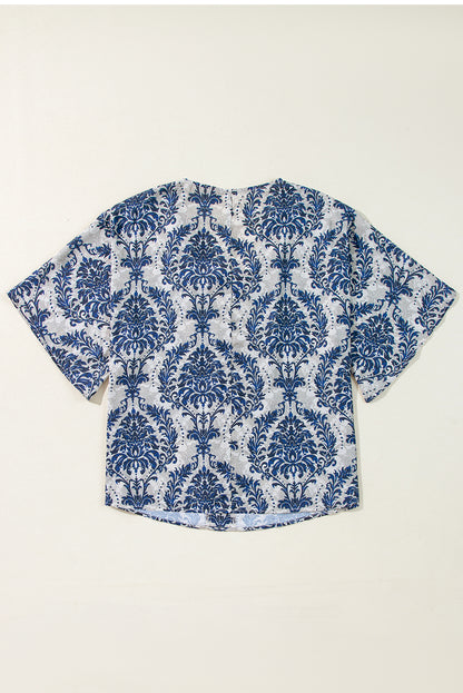 Vintage Flower Tree Quarter Sleeve V Neck Blouse | Blue