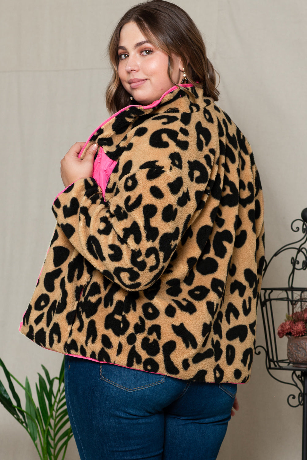 Plus Size Colour Block Chest Pocket Sherpa Jacket | Leopard