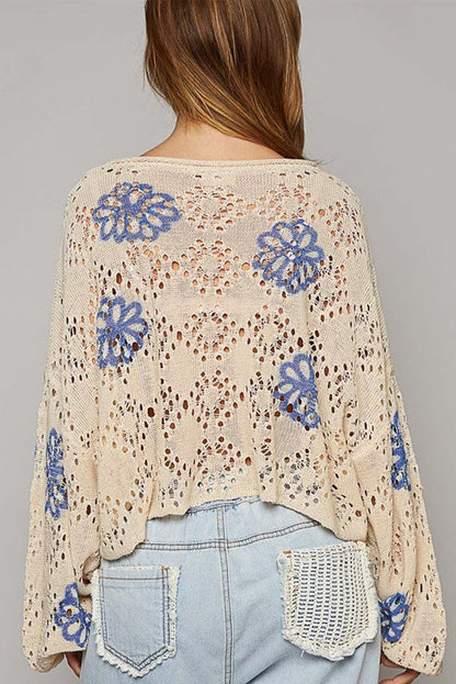 Contrast Flower Print Eyelet Drop Shoulder Sweater | Beige