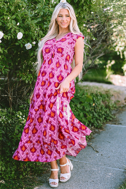 Retro Print Twisted Front Ruffled Sleeve Maxi Dress | Bonbon