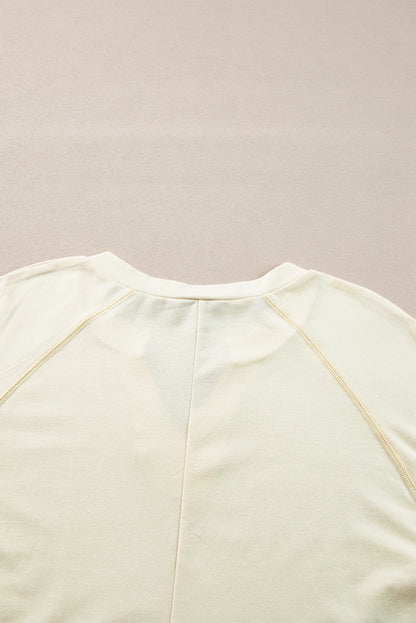 Exposed Stitching Notched Neckline Long Sleeve Top | Apricot