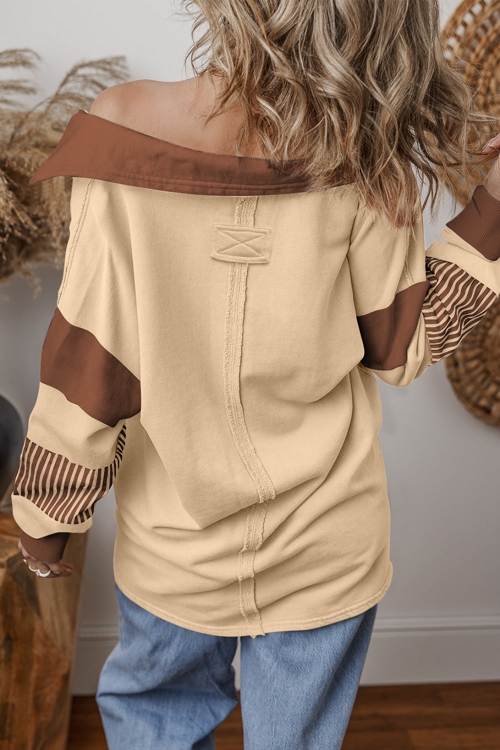 Striped Colourblock Patchwork Collar Sweatshirt | Light French Beige