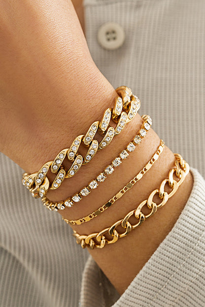 4Pcs Rhinestone Decor Adjustable Chain Plated Bracelet Set | Gold