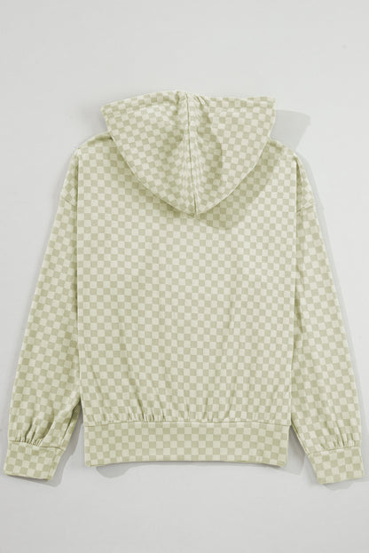 Checkered Print Kangaroo Pocket Drawstring Hoodie | Green