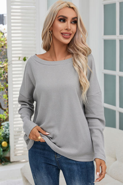 V Cut Drawstring Back Waffle Knit Long Sleeve Top | Gray