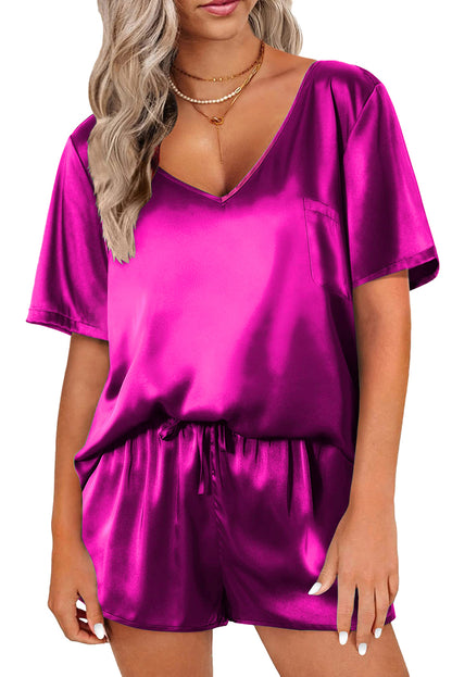 Satin V Neck Tee And Drawstring Shorts Set | Bright Pink