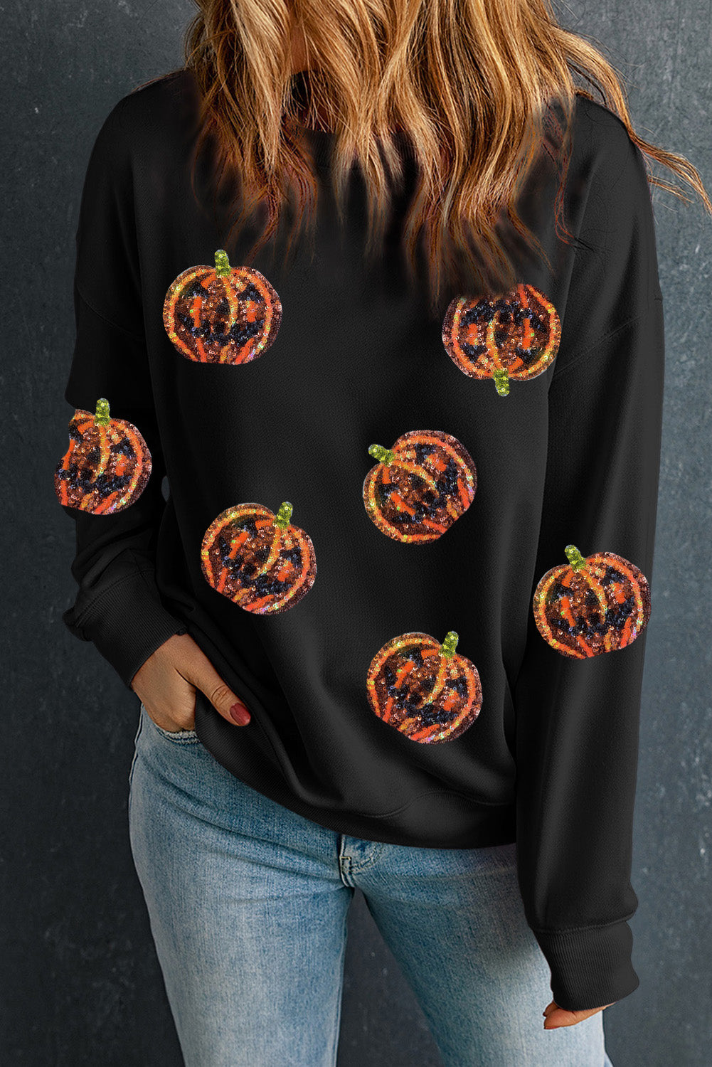 Black Sequin Halloween Pumpkin Graphic Pullover Sweatshirt