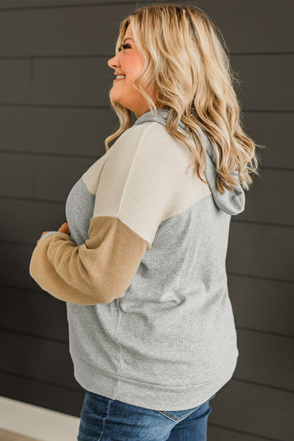 Plus Size Colourblock Drop Shoulder Ribbed Knit Hoodie | Multicolour