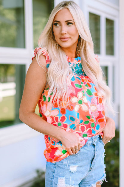 Embroidered Detail Floral Print Ruffle Trim Tank Top | Pink