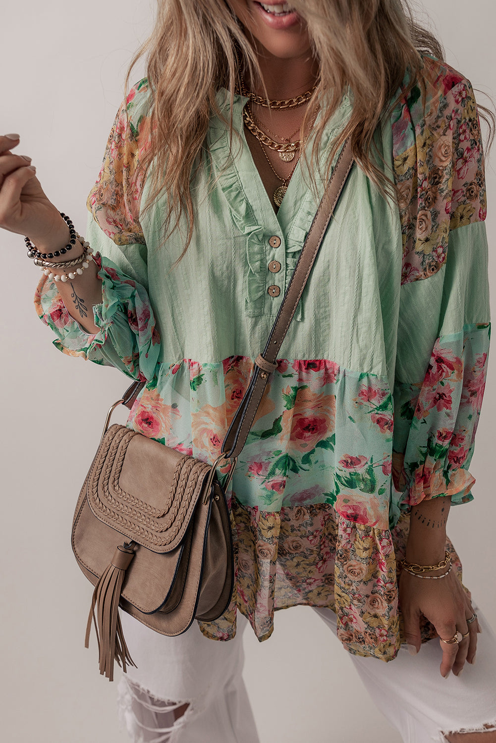 Floral Patchwork Frilled Split Neck Blouse | Green Printed