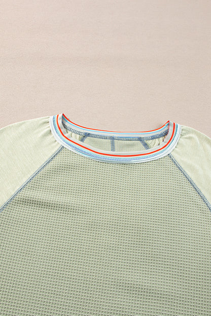 Waffle Knit Wide Bracelet Sleeve Patchwork Raglan Top | Meadow Mist Green