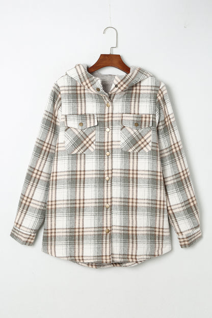 Plaid Pattern Sherpa Lined Hooded Shacket | Gray