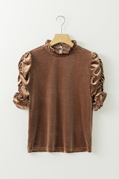 Ruffled Arm Velvet Top | Camel