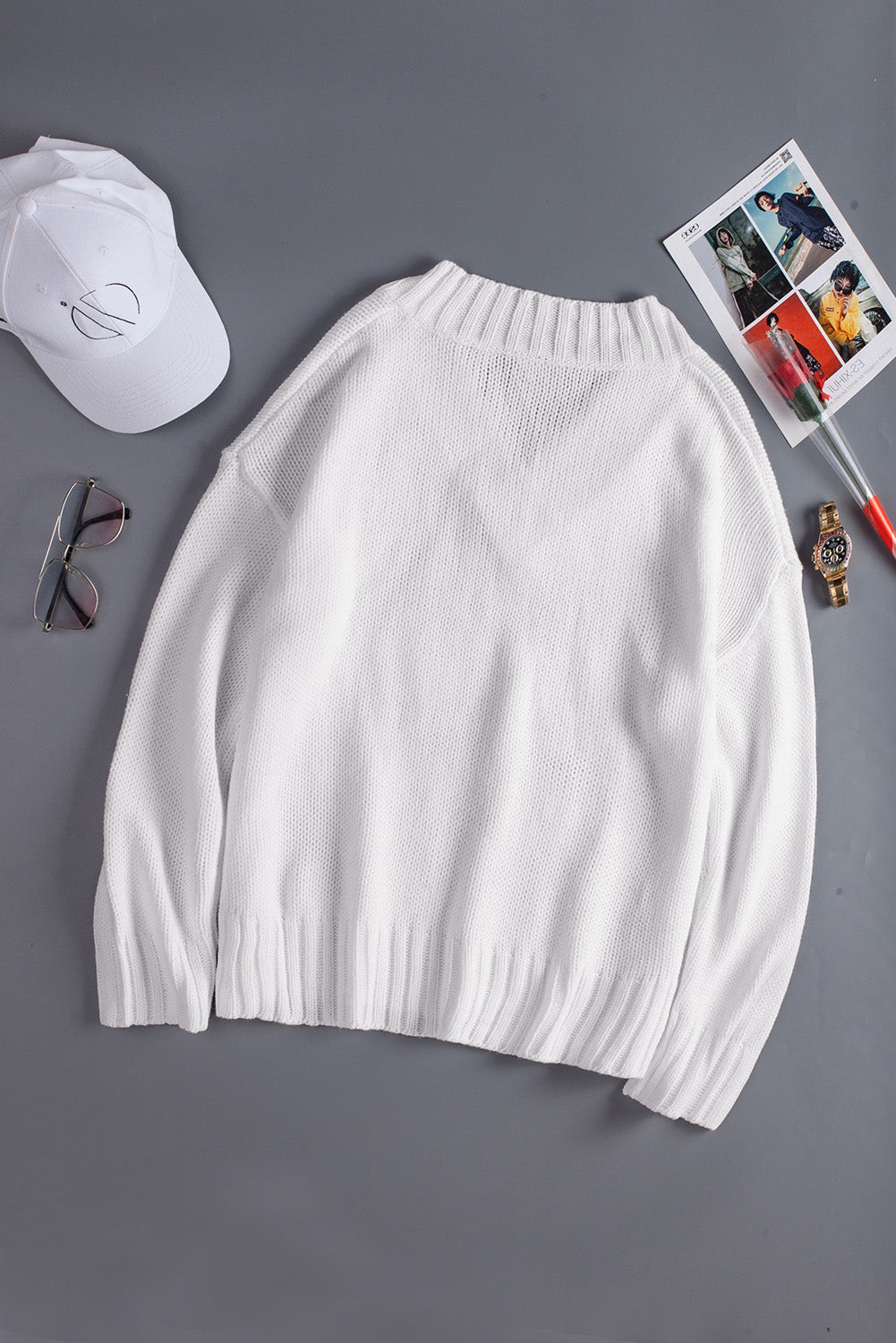 V Neck Drop Shoulder Knitted Sweater | White