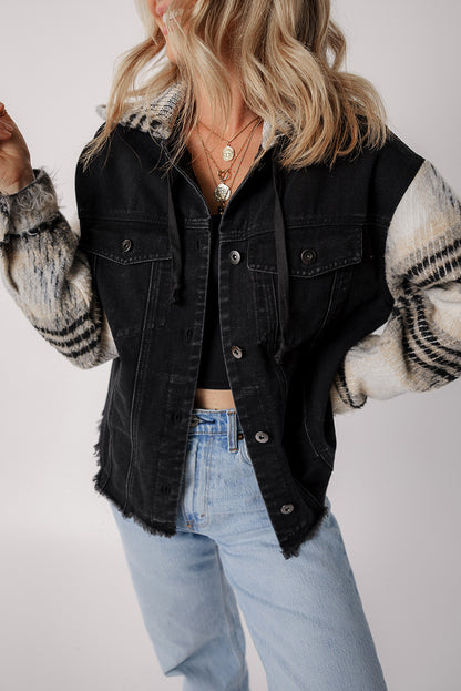 Plaid Sleeve Frayed Hem Hooded Denim Jacket | Black