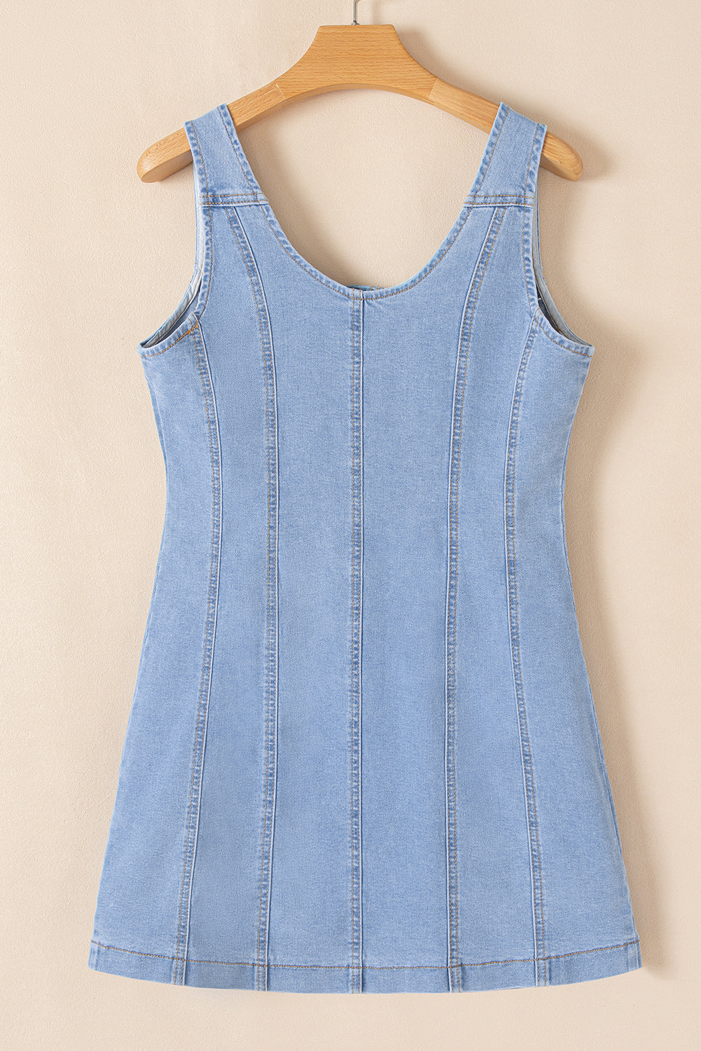 Light Wash Denim Buttoned Front Chest Pockets Sleeveless Slim Mini Dress | Beau Blue