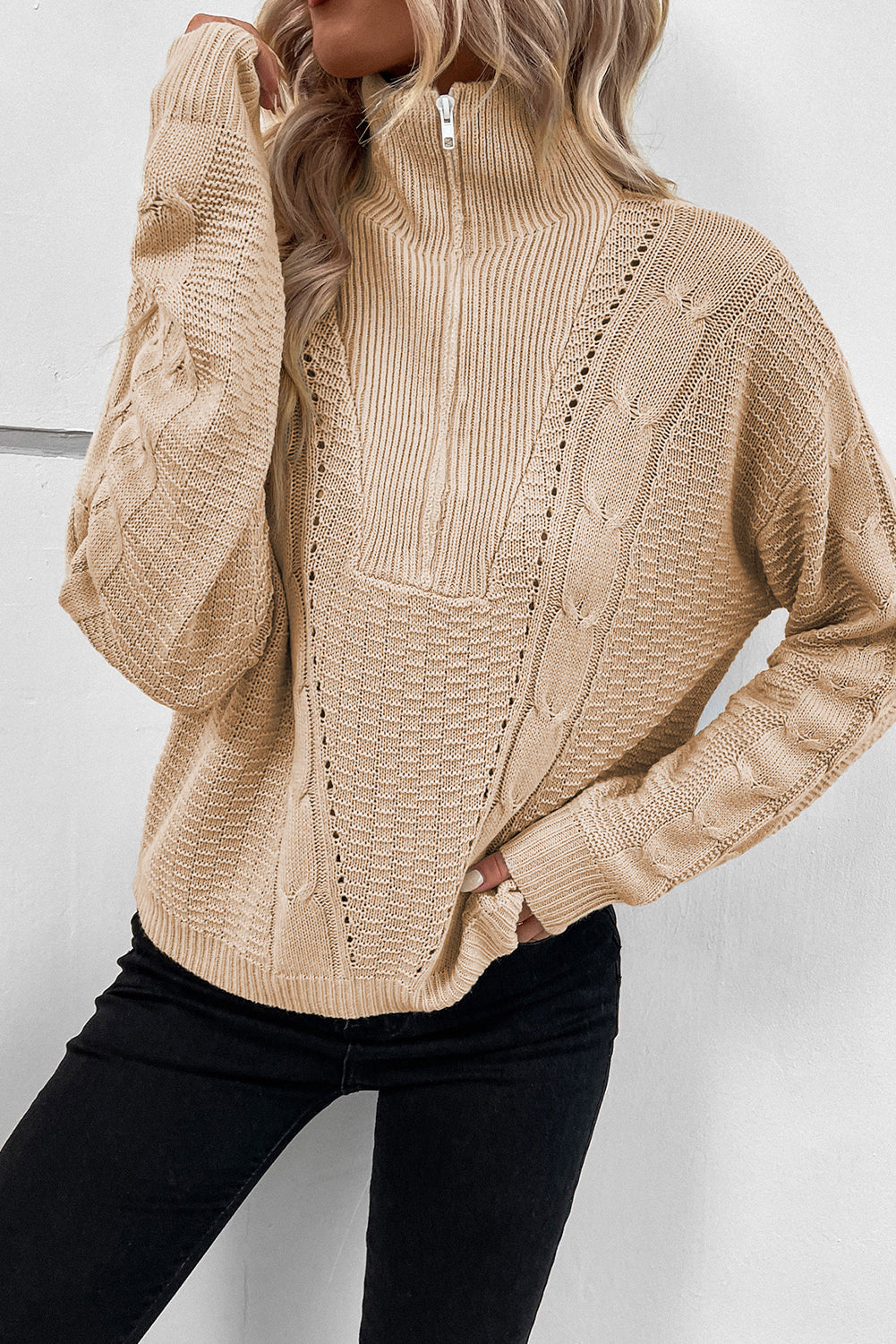 Zipped Stand Collar Cable Knit Sweater | Apricot