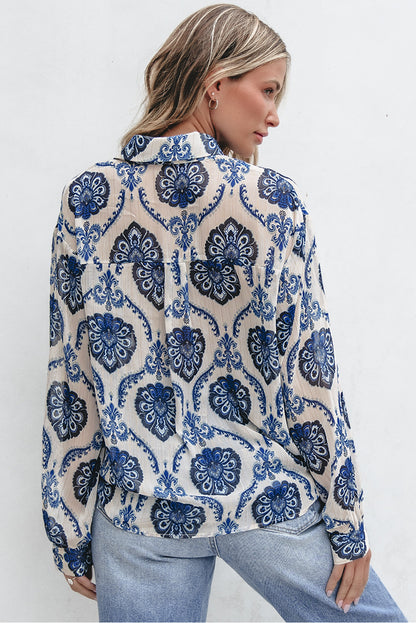 Tribal Pattern Buttoned Front Loose Shirt | Blue