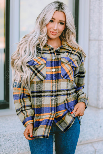 Geometric Plaid Print Pocketed Shacket | Blue