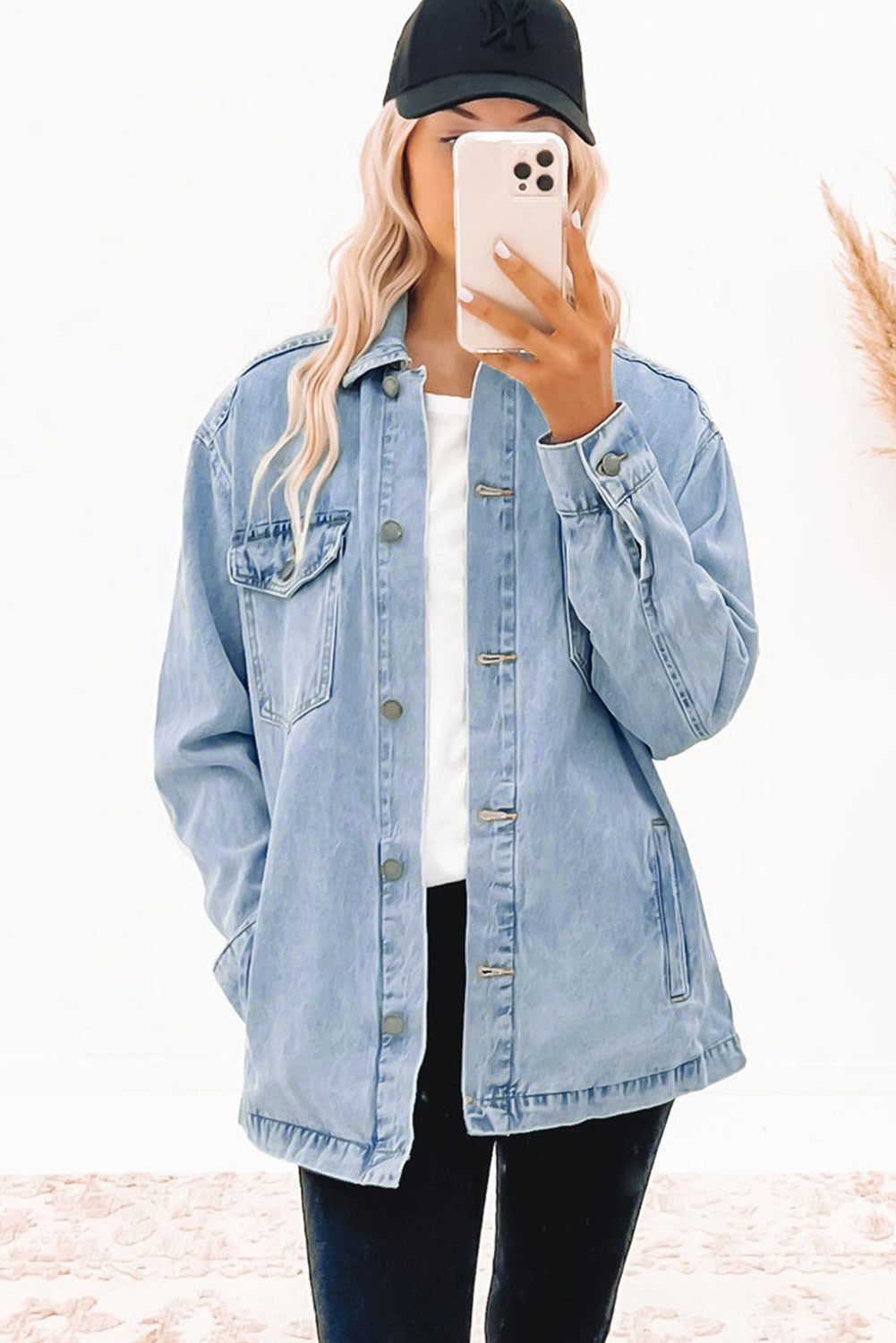 Acid Wash Flap Pocket Boyfriend Shacket | Sky Blue