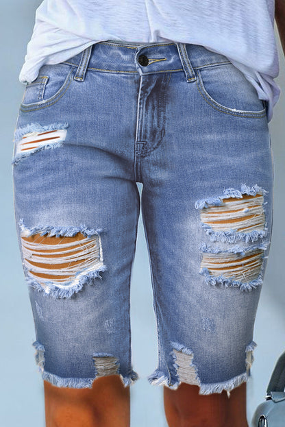 Ripped Tassel Bermuda Denim Shorts | Sky Blue