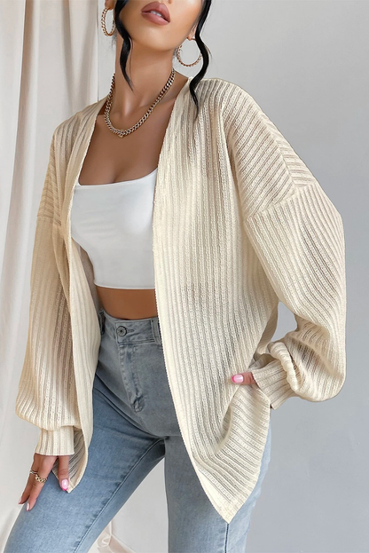 Textured Lantern Sleeve Open Kimono | Beige