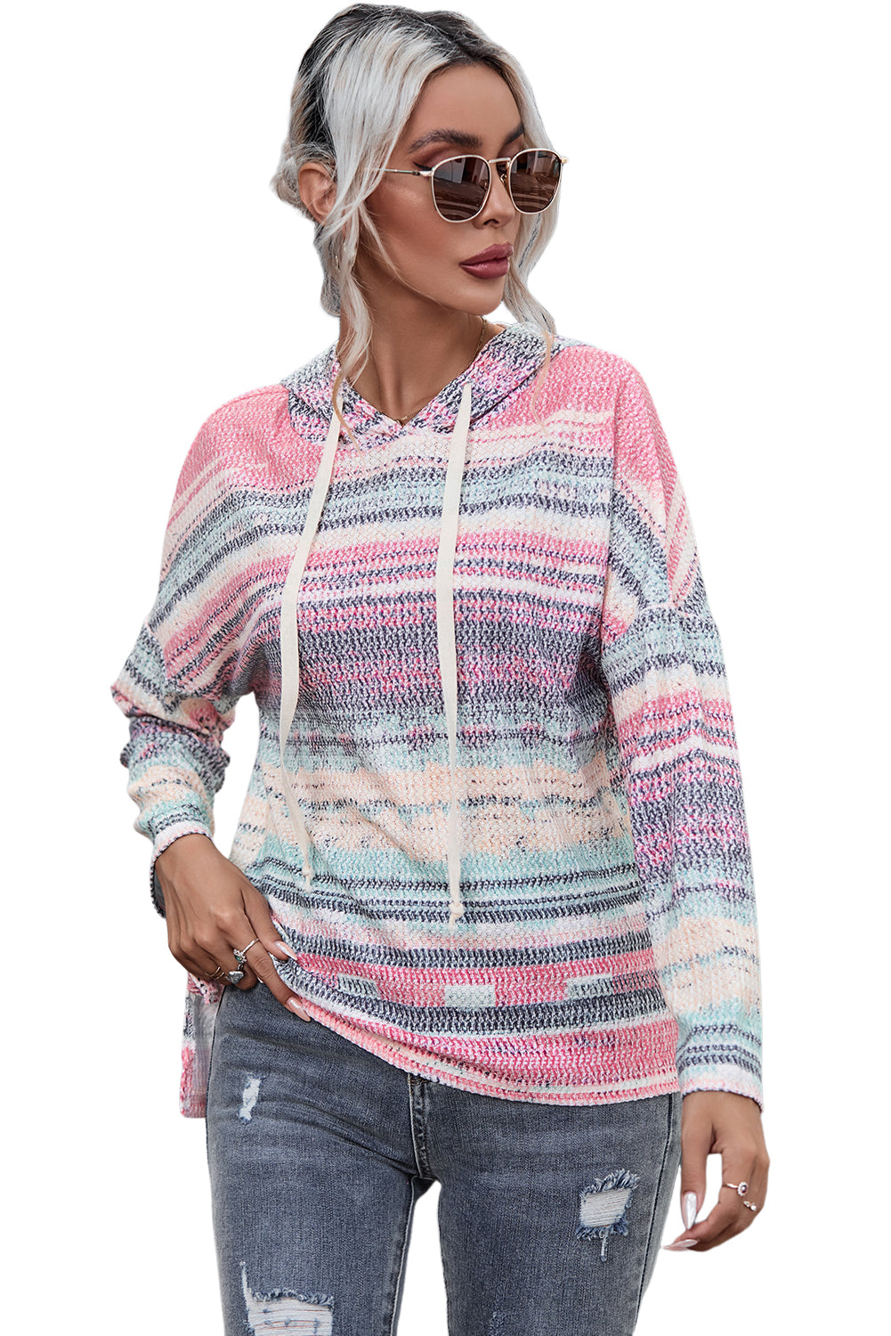 Striped Print Cable Knit Drop Shoulder Hoodie | Multicolour